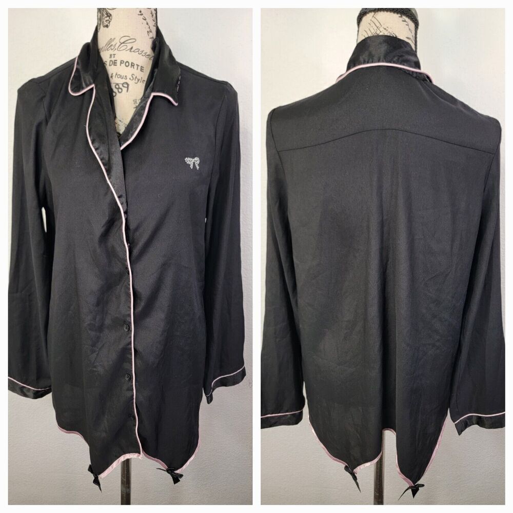 Victorias Secret Slip Shirt Dress SZ M Satin Long Sleeves Black Pink Trim Bows